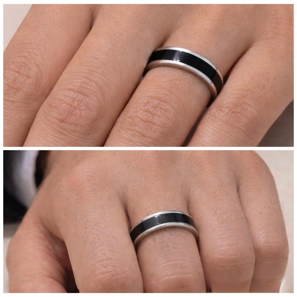 Brand New!! Titanium steel couple ring with black inlay